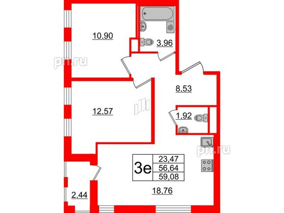 Квартира в ЖК ЦДС Мурино Space, 2 комнатная, 56.64 м², 12 этаж