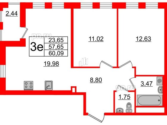 Квартира в ЖК ЦДС Мурино Space, 2 комнатная, 57.65 м², 6 этаж