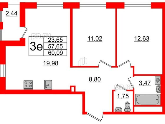 Квартира в ЖК ЦДС Мурино Space, 2 комнатная, 57.65 м², 15 этаж