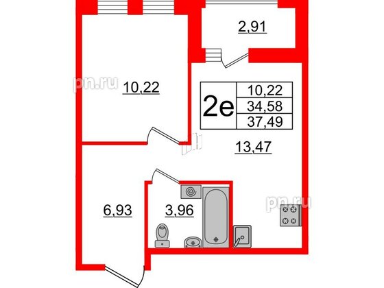 Квартира в ЖК ЦДС Мурино Space, 1 комнатная, 34.58 м², 6 этаж