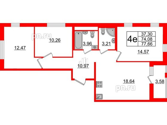 Квартира в ЖК ЦДС Мурино Space, 3 комнатная, 74.08 м², 6 этаж