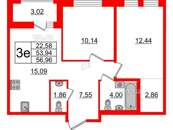 Квартира в ЖК ЦДС Мурино Space, 2 комнатная, 53.94 м², 17 этаж