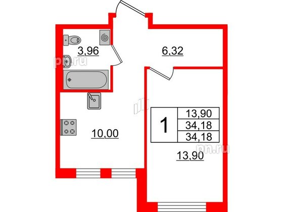 Квартира в ЖК ЦДС Мурино Space, 1 комнатная, 34.18 м², 1 этаж