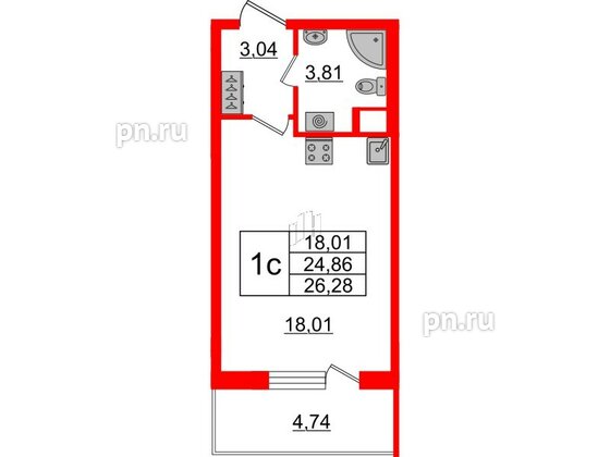 Квартира в ЖК Зеленый квартал на Пулковских высотах, студия, 24.86 м², 2 этаж