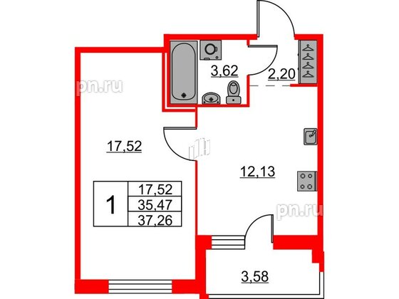 Квартира в ЖК iD Murino II, 1 комнатная, 37.26 м², 1 этаж