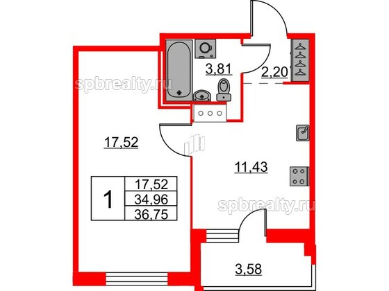 Квартира в ЖК iD Murino II, 1 комнатная, 36.75 м², 11 этаж