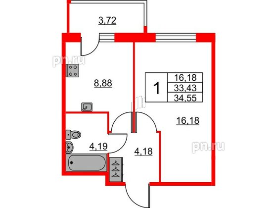 Квартира в ЖК iD Murino II, 1 комнатная, 34.55 м², 1 этаж