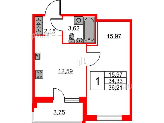 Квартира в ЖК iD Murino II, 1 комнатная, 36.21 м², 1 этаж