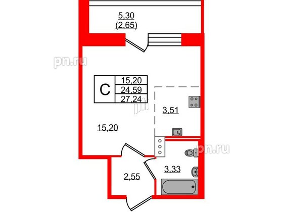 Квартира в ЖК Удача, студия, 27.24 м², 3 этаж