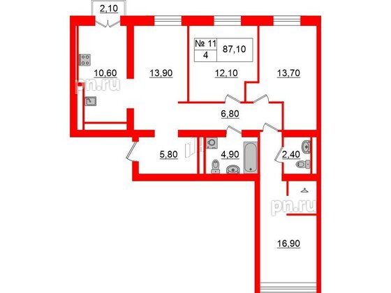 Квартира в ЖК «Аура», 4 комнатная, 88.1 м², 3 этаж