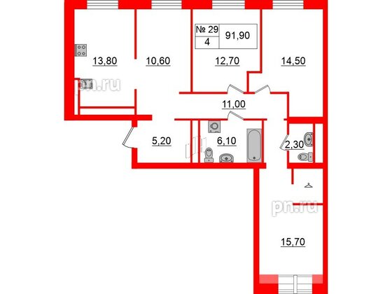 Квартира в ЖК «Аура», 4 комнатная, 91.9 м², 6 этаж