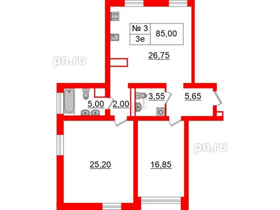 Квартира в ЖК «Аура», 2 комнатная, 84.1 м², 1 этаж