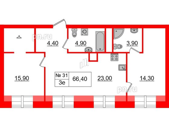 Квартира в ЖК «Аура», 2 комнатная, 66.4 м², 6 этаж