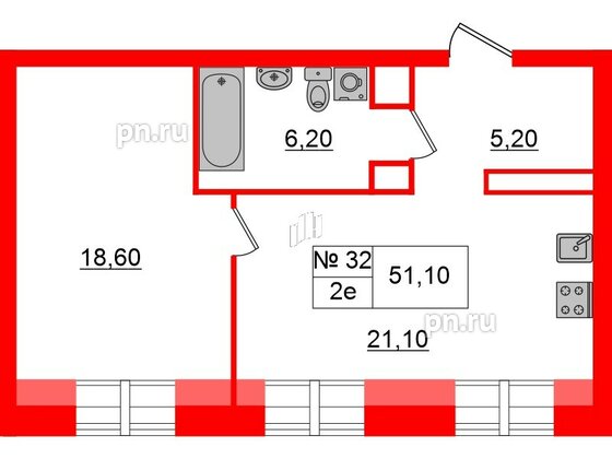 Квартира в ЖК «Аура», 1 комнатная, 51.1 м², 6 этаж