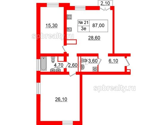 Квартира в ЖК «Аура», 2 комнатная, 86.5 м², 4 этаж