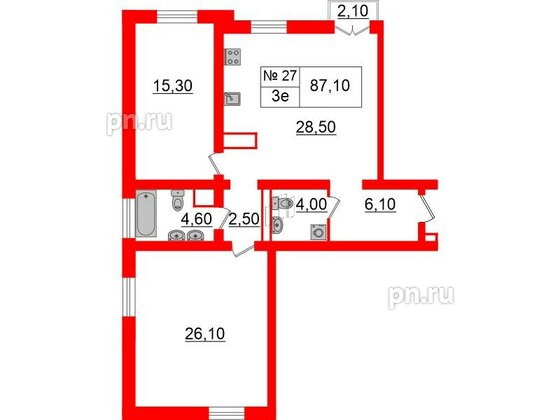 Квартира в ЖК «Аура», 2 комнатная, 86.5 м², 5 этаж