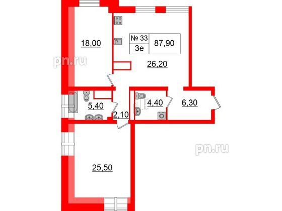 Квартира в ЖК «Аура», 2 комнатная, 87.9 м², 6 этаж