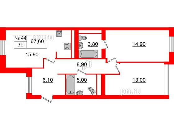 Квартира в ЖК «Аура», 2 комнатная, 68.7 м², 3 этаж