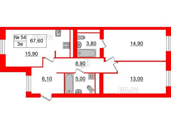 Квартира в ЖК «Аура», 2 комнатная, 70.1 м², 5 этаж