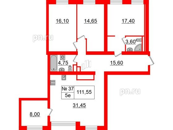 Квартира в ЖК «Аура», 3 комнатная, 106.7 м², 1 этаж