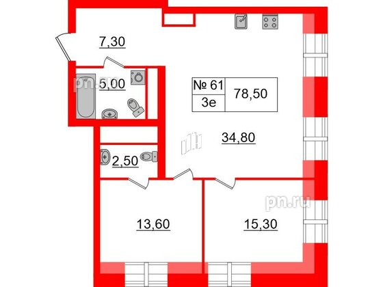 Квартира в ЖК «Аура», 2 комнатная, 78.5 м², 6 этаж