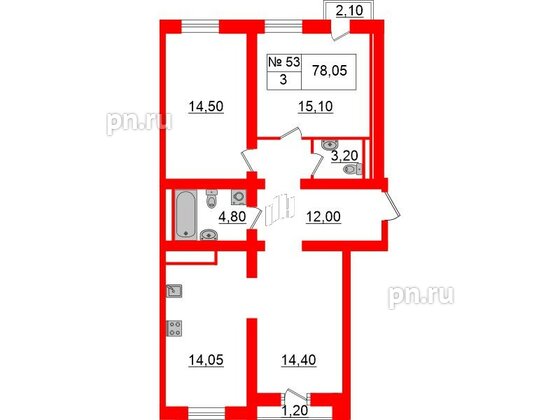 Квартира в ЖК «Аура», 3 комнатная, 78.9 м², 4 этаж