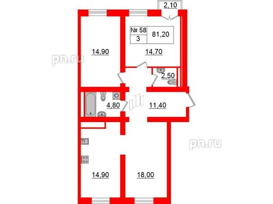 Квартира в ЖК «Аура», 3 комнатная, 80.1 м², 5 этаж