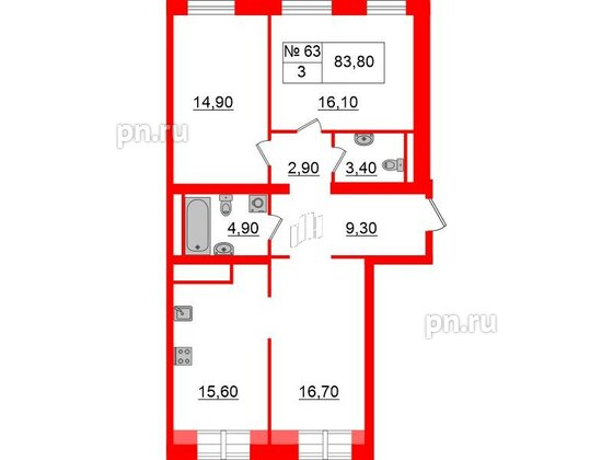 Квартира в ЖК «Аура», 3 комнатная, 83.8 м², 6 этаж