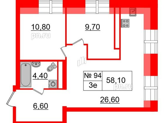 Квартира в ЖК «Аура», 2 комнатная, 58.1 м², 6 этаж