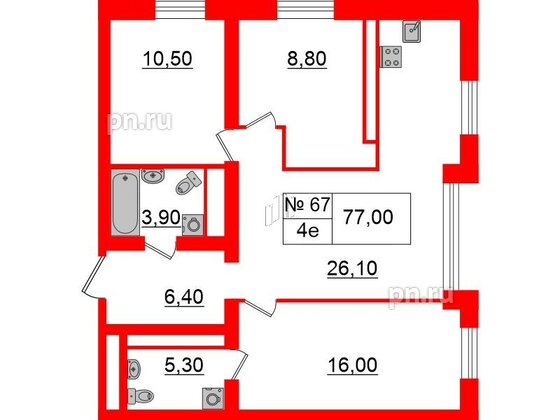 Квартира в ЖК «Аура», 3 комнатная, 76.6 м², 1 этаж