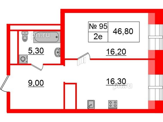 Квартира в ЖК «Аура», 1 комнатная, 46.8 м², 6 этаж