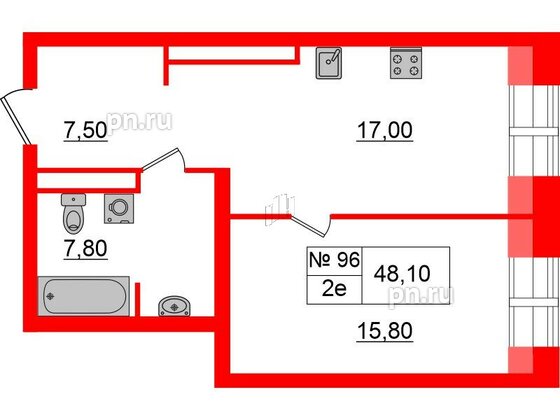 Квартира в ЖК «Аура», 1 комнатная, 48.1 м², 6 этаж