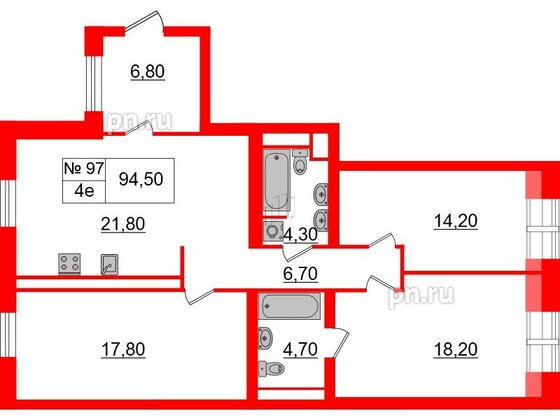 Квартира в ЖК «Аура», 3 комнатная, 94.5 м², 6 этаж