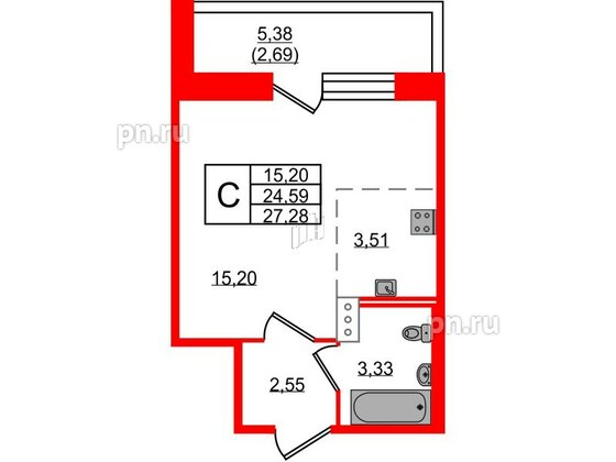 Квартира в ЖК Удача, студия, 27.2 м², 2 этаж