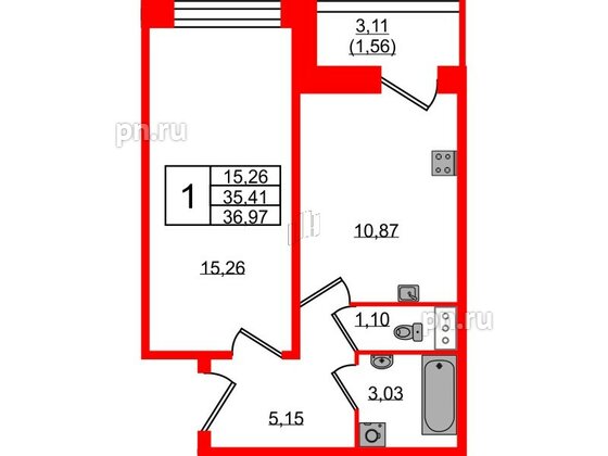 Квартира в ЖК Удача, 1 комнатная, 36.6 м², 9 этаж