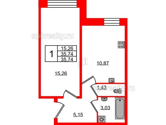 Квартира в ЖК Удача, 1 комнатная, 35.74 м², 1 этаж