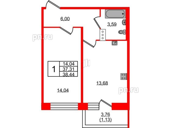 Квартира в ЖК Удача, 1 комнатная, 38.44 м², 4 этаж