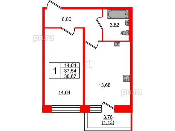 Квартира в ЖК Удача, 1 комнатная, 38.67 м², 1 этаж