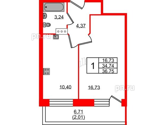 Квартира в ЖК Удача, 1 комнатная, 36.75 м², 3 этаж