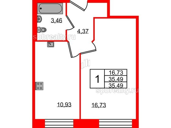 Квартира в ЖК Удача, 1 комнатная, 35.49 м², 1 этаж