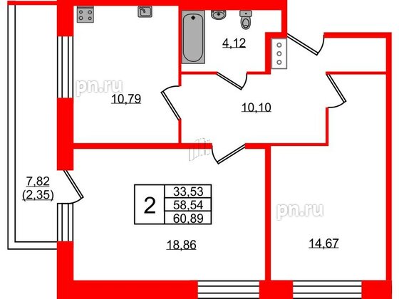 Квартира в ЖК Удача, 2 комнатная, 60.89 м², 5 этаж