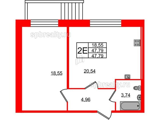 Квартира в ЖК Удача, 1 комнатная, 47.79 м², 1 этаж