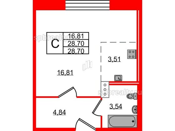 Квартира в ЖК Удача, студия, 28.4 м², 2 этаж