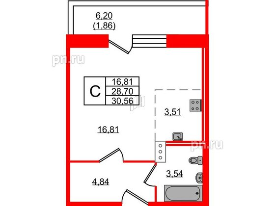 Квартира в ЖК Удача, студия, 30.56 м², 3 этаж