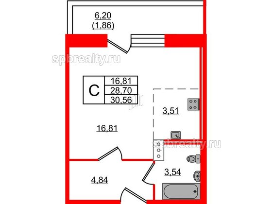 Квартира в ЖК Удача, студия, 30.56 м², 12 этаж