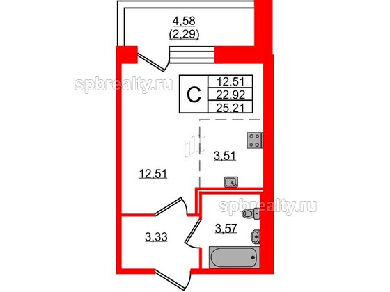 Квартира в ЖК Удача, студия, 25.21 м², 1 этаж