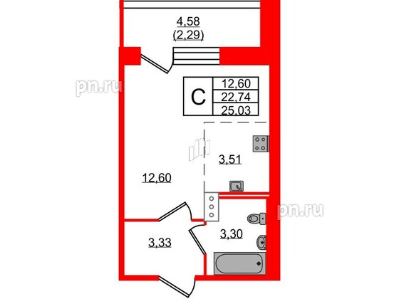 Квартира в ЖК Удача, студия, 25.03 м², 9 этаж