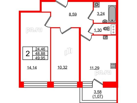 Квартира в ЖК Удача, 2 комнатная, 49.95 м², 3 этаж