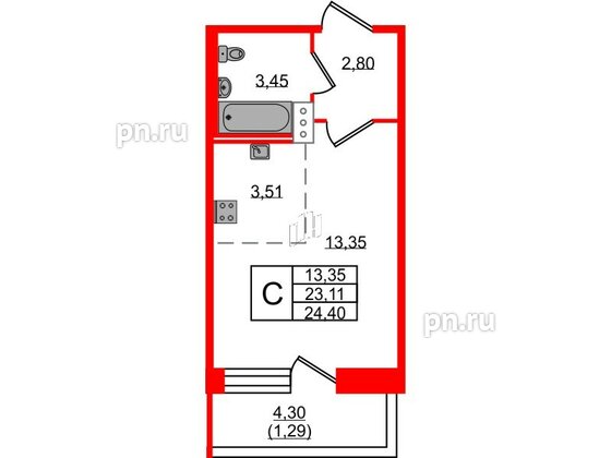 Квартира в ЖК Удача, студия, 24.2 м², 5 этаж