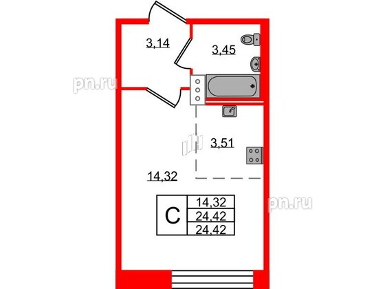 Квартира в ЖК Удача, студия, 24.2 м², 2 этаж